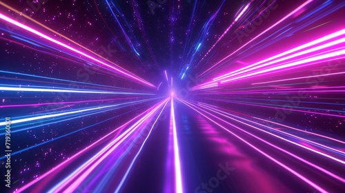 3D render neon light abstract background with rays