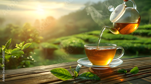 Pours hot tea from glass teapot into a cup on the wooden table with fresh tea leaves on tea plantation background with copy space. Time of Tea concept. photo