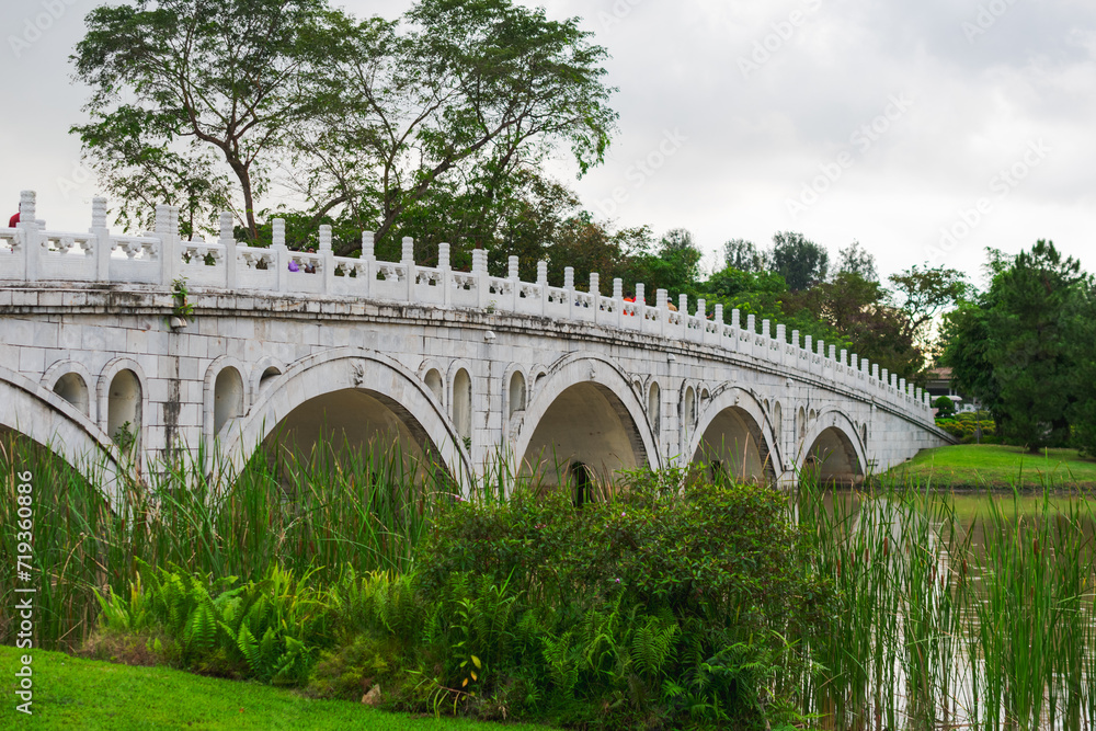 White bridge in the Chinese Garden park