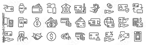 Pay line web icons Cashless payment. Credit card, debit card, mobile app, such as NFC. money, bitcoin, Editable stroke.