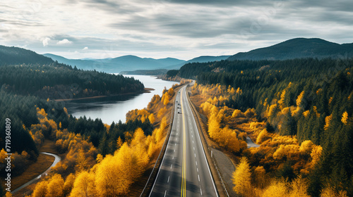Top view car in autumn road 3d rendering