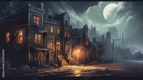A dark  old and dilapidated street with cobblestone roads. The street is lit by a single street lamp  casting an eerie glow. The buildings have boarded up windows and look dilapidated. The sky is dark