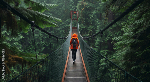 Woman Tree Top Forest Bridge Travel Concept