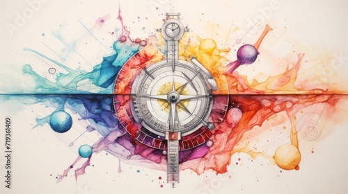 A compass rose is surrounded by colorful abstract elements, including splashes of red, orange, yellow, blue, and purple.
