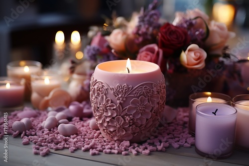 Decorative purple candle on a background of flowers and bokeh. Concept  aromatherapy  spa relaxation