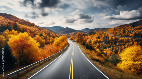 Top view car in autumn road 3d rendering