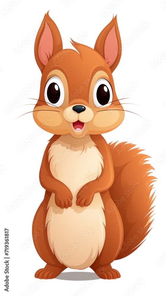 A cartoon squirrel with big eyes and a cute smile. It has a fluffy tail and small ears.