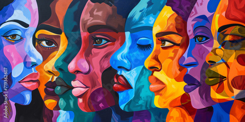 Illustration pop art, bannière, texture ou arrière-plan représentant le féminisme, la journée de la fierté et la communauté LGBT avec des personnes diverses.