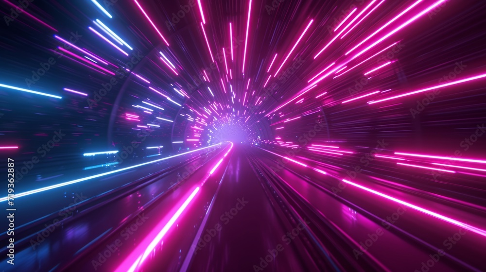3D render neon light traffic motion blur