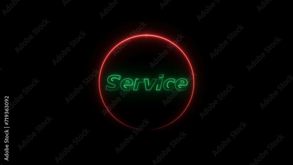 Turquoise color neon service text glowing red color circle  on the black background 4k illustration.