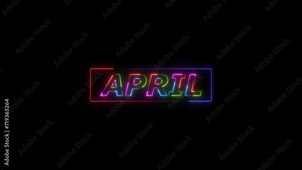 April neon colorful glowing neon light text illustration. Rectangle frame neon light glowing black background 4k illustration. April neon colorful glowing neon light text illustration. Rectangle frame neon light glowing black background 4k illustration.