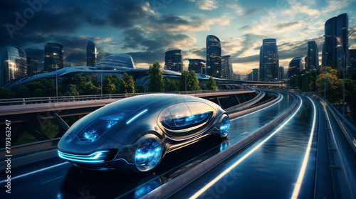 Autonomous self driving electric car rides on the road 3d rendering