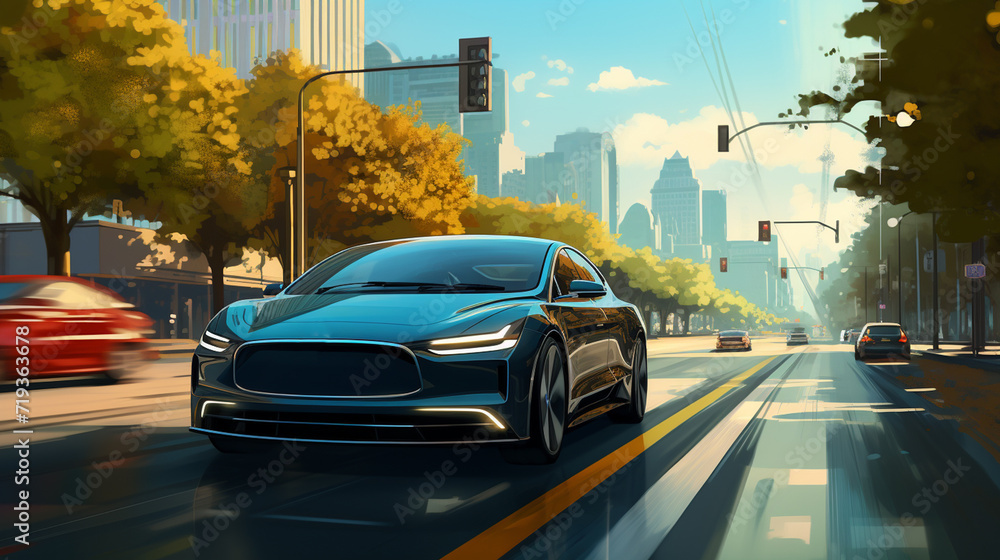 High speed futuristic car at sunset - 3D illustration, 3D render High speed futuristic car at sunset - 3D illustration, 3D render