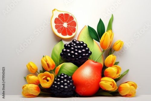 Fruity floral still life, yellow tulips with blackberries and grapefruit photo