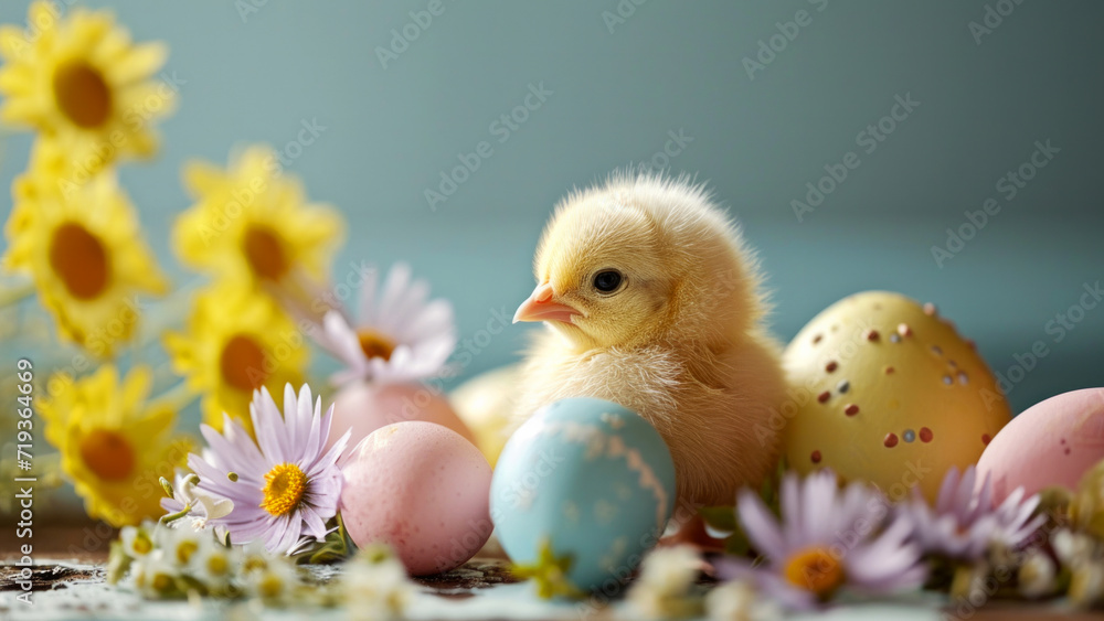 A little chick sitting among painted eggs and daisies on light blue background. Happy Easter holiday concept