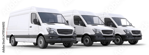 Three white cargo vans in a row on white or transparent background