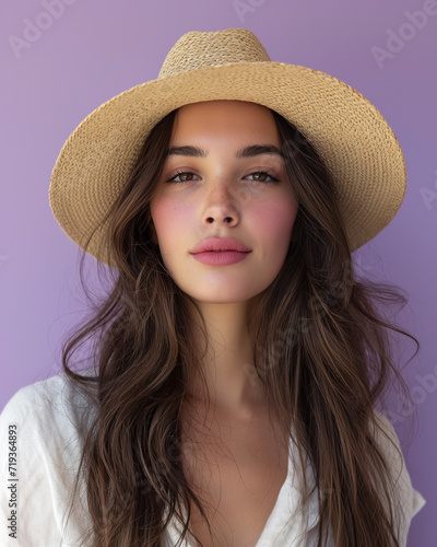 Portrait of a brunette girl in a straw hat on a purple background