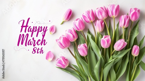Pink tulips on a white background with the inscription "Happy March 8th" Banner for International Women's Day