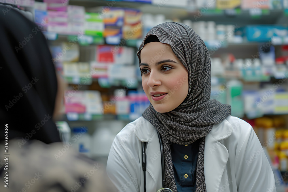 Farmacéutica musulmana con la cabeza cubierta con un colorido hiyab atendiendo a un paciente o cliente en una farmacia. - obrazy, fototapety, plakaty 