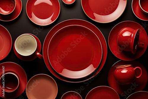 Colorful Table Setting With Red Plates and Bowls. Flat Lay Top View Creative Color Design Concept