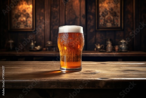 A glass of beer on a wooden table at night, A glass of beer on a Wooden table, backdrop bar beverages blurred view table wooden background beer counter, Ai generated