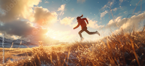 Concepto persona saltando libre en un campo a plena luz del día de tare con montañas de fondo. photo