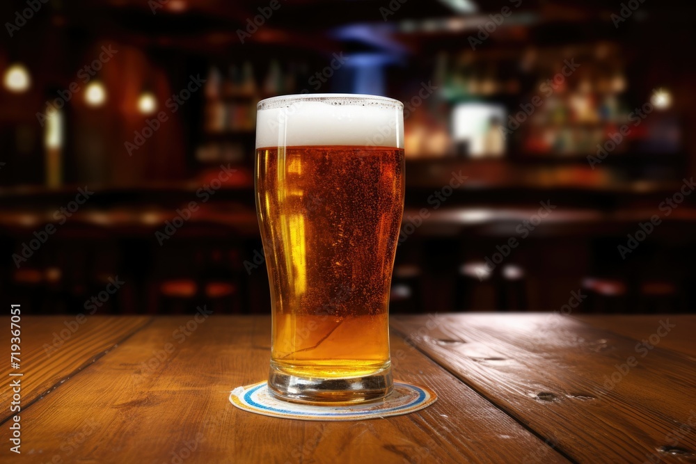 Close-up of a freshly poured glass of light beer with foam on a bar counter or wooden table, A glass of beer on a wooden table at night, A glass of beer on a Wooden table. Ai generated Close-up of a freshly poured glass of light beer with foam on a bar counter or wooden table, A glass of beer on a wooden table at night, A glass of beer on a Wooden table. Ai generated