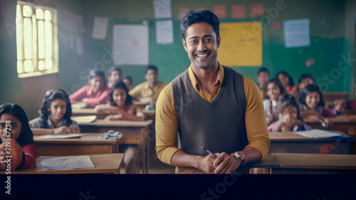 cadid shot of smiling male teacher in a class at elementary school looking at camera with learning smiling students on background photo