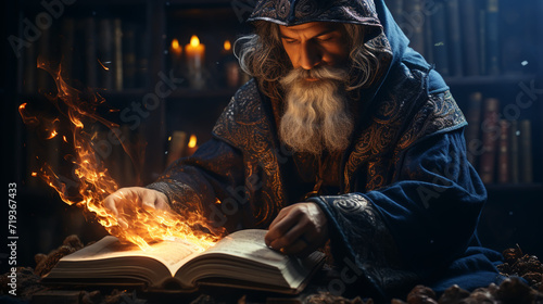 sorcerer casting magic spell using his book of shadows photo