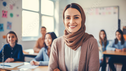 cadid shot of smiling male teacher in a class at elementary school looking at camera with learning smiling students on background photo