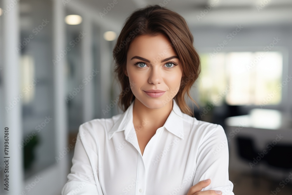 Portrait photo of a beautiful businesswoman wearing a white shirt, folding her arms across her chest and looking forward at the camera. White background. office background bokeh