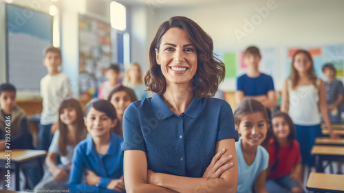 cadid shot of smiling male teacher in a class at elementary school looking at camera with learning smiling students on background photo