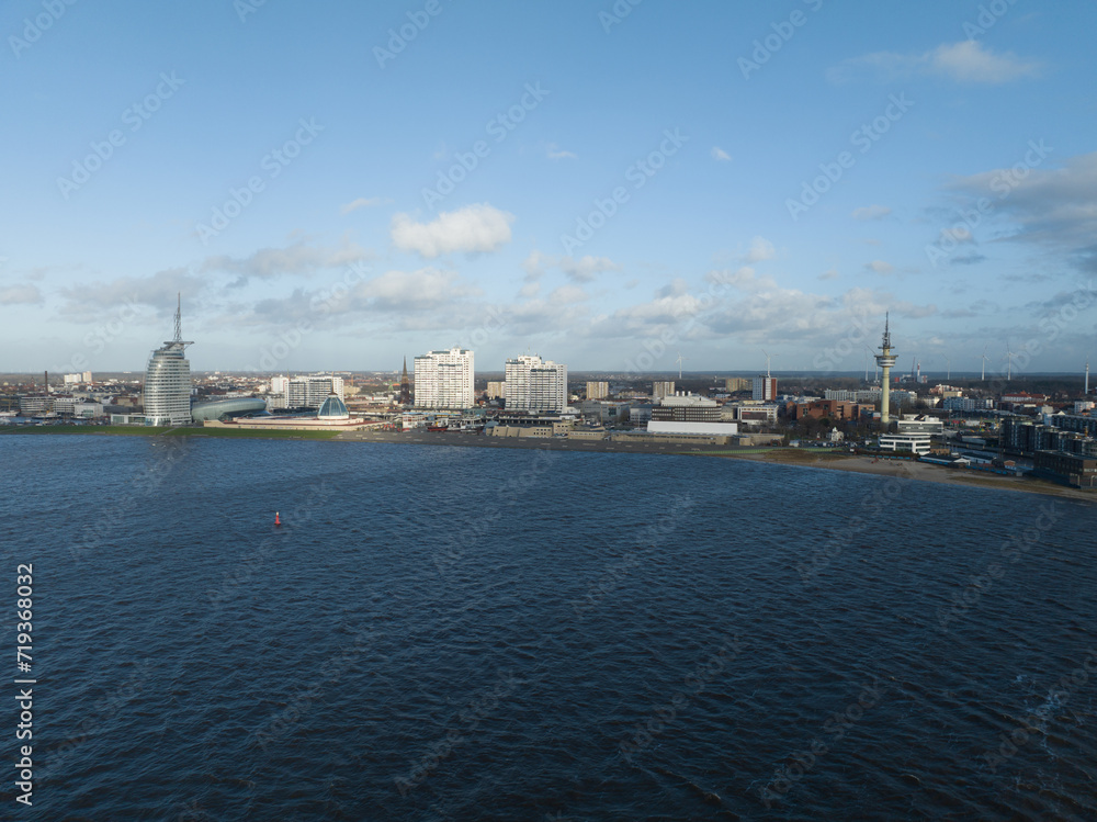 Bremerhaven buildings and city skyline. Harbour city. Aerial drone view.