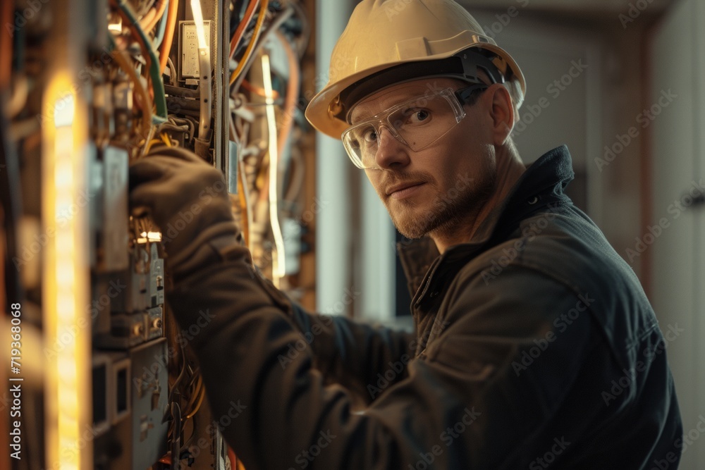 Skilled electrician diligently working on wiring in a residential setting, ensuring safety and functionality. Skilled electrician diligently working on wiring in a residential setting, ensuring safety and functionality.