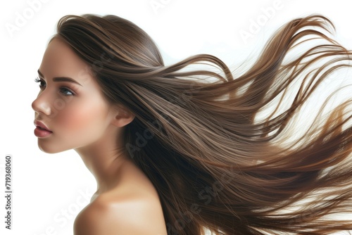 beautiful young female model woman shaking her beautiful hair in motion. ad for shampoo conditioner hair products. isolated on white background