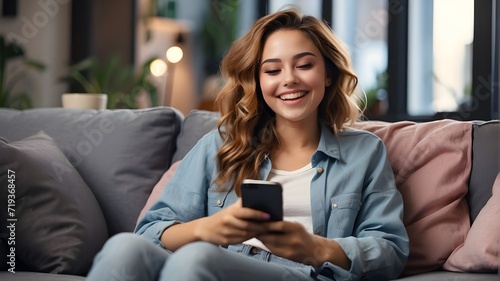 This cheerful, laid-back young girl is using a smartphone while lounging on the couch. She is grinning and laughing as she looks at her phone and enjoys watching movies or shopping online using mobile