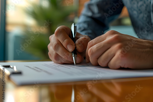 Close-up photo of hand with ballpoint pen signing important papers or contract.