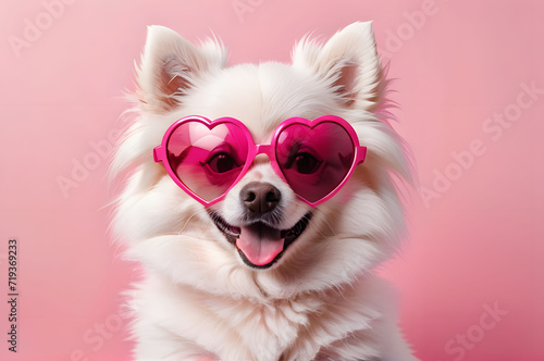 Valentine's Day Postcard Concept. Funny dog in red glasses in the shape of a heart on a pink background