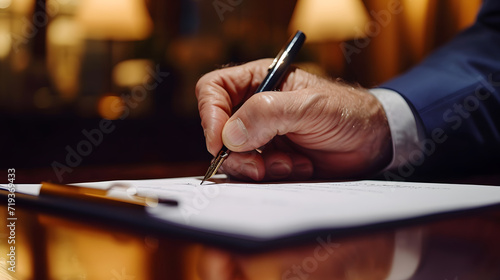 Close-up photo of hand with ballpoint pen signing important papers or contract.