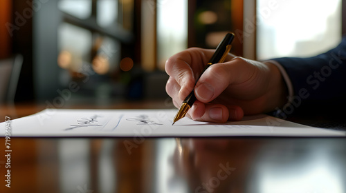 Close-up photo of hand with ballpoint pen signing important papers or contract.