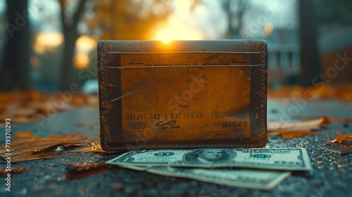 A lost old wallet from which money fell out lies on the asphalt in the rays of the setting sun, the concept of losing money
