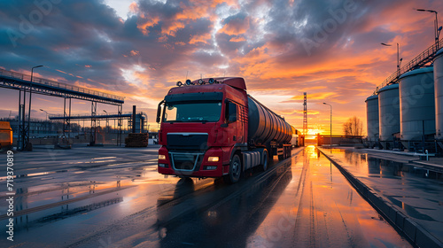 Red truck with cargo leaves the sorting center against the backdrop of sunset