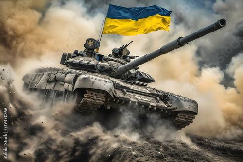 National armed force, military parade, army troop, tank with Ukraine flag. photo
