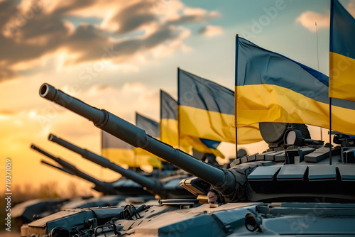 National armed force, military parade, army troops, tanks with Ukraine flag. photo