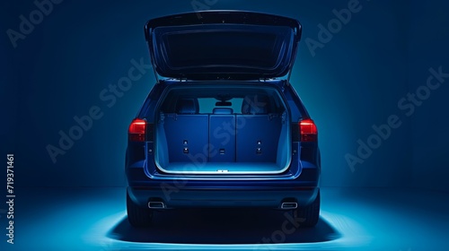 Huge, clean and empty car trunk in interior of compact suv. Rear view of a bleu SUV car with open trunk. Generative AI photo