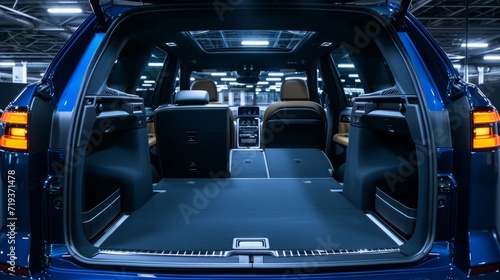 Huge, clean and empty car trunk in interior of compact suv. Rear view of a bleu SUV car with open trunk. Generative AI photo