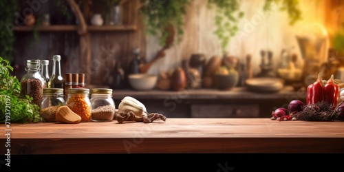 Food ingredients on a blurred shelf beneath a wooden kitchen table.