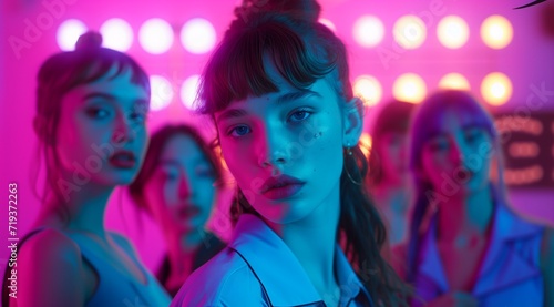 Urban chic portrait of young women in neon lights. Central figure in light blue with a direct gaze, surrounded by friends in a vibrant, stylish setting.