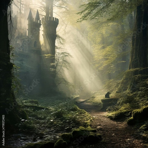 a path in a forest with a castle in the background