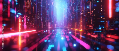 Immersive Cyberpunk-Style Futuristic Technology Setting  Sleek Lines And Vibrant Lights Await.   oncept Virtual Reality Gaming  Holographic Displays  Techno-Inspired Fashion  Neon Cityscapes